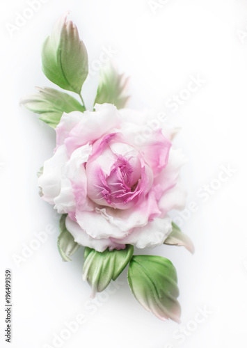 Realistic Fabric Silk flower in pink and white colors rose hand made on white background. Vintage style, retro, card © Tetiana