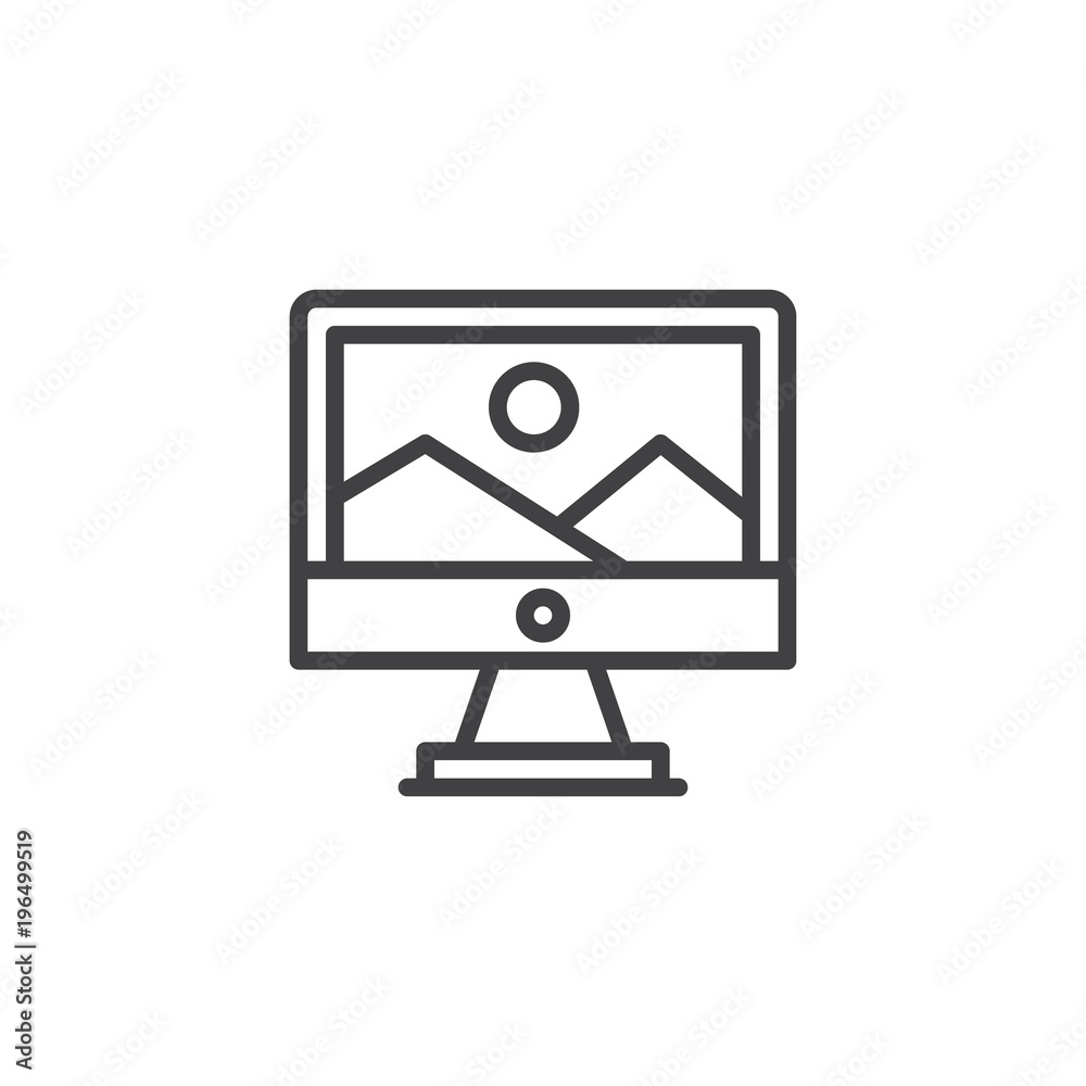 Mountain landscape on computer monitor screen outline icon. linear style sign for mobile concept and web design. Computer art simple line vector icon. Symbol, logo illustration Mountain landscape on computer monitor screen outline icon. linear style sign for mobile concept and web design. Computer art simple line vector icon. Symbol, logo illustration