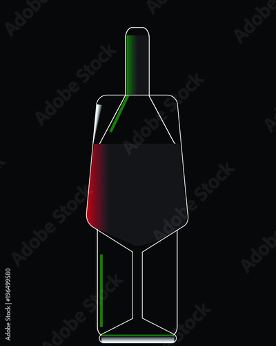 Wine bottle and a glass of red wine on a black background, vector image