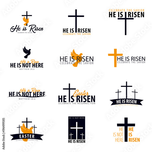 He is Risen. Church easter logo, emblem, labels or stickers with dove and cross. Vector graphics set