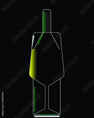 Wine bottle and a glass of white wine on a black background, vector image