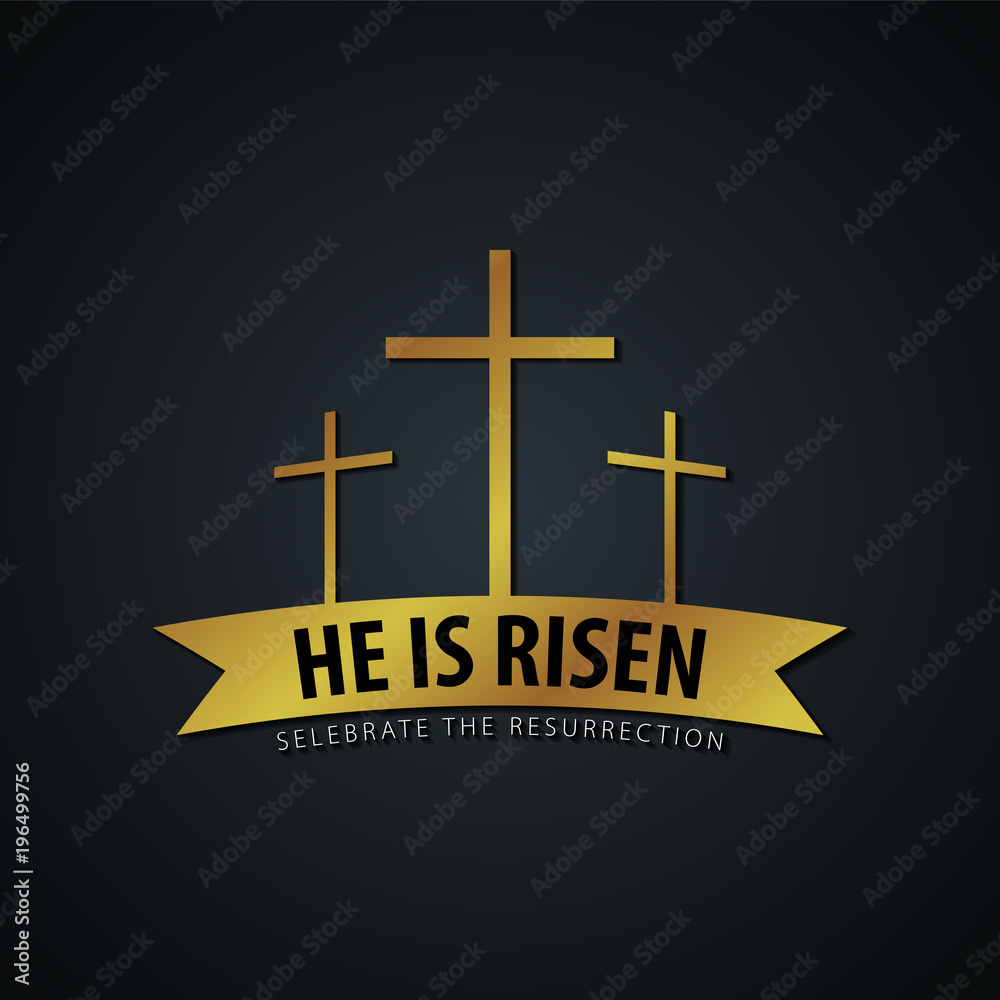 He is Risen. Church easter logo, emblem, labels or stickers with cross. Vector graphics