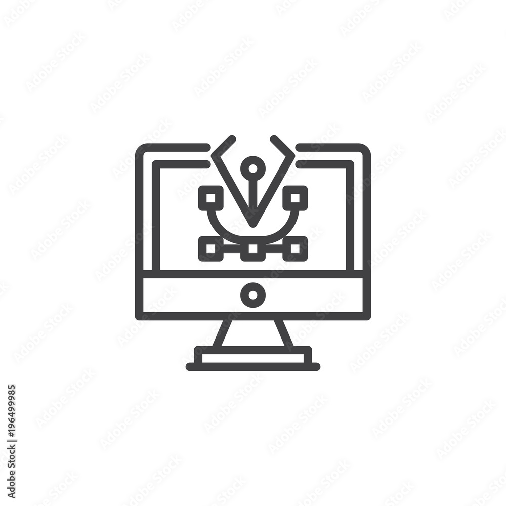 Computer pen tool on pc monitor screen outline icon. linear style sign for mobile concept and web design. Fountain pen nib simple line vector icon. Symbol, logo illustration