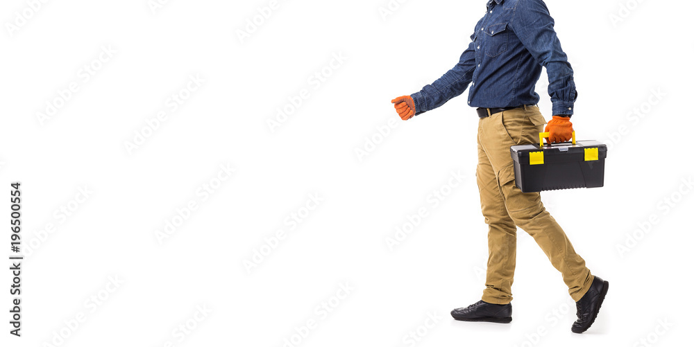 repairman (builder) with tool box in hands isolated on white background repairman (builder) with tool box in hands isolated on white background