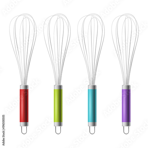 Vector realistic 3D metal wire steel whisk icon set closeup isolated on white background. Cooking utensil, egg beater. Design template for graphics, mockup