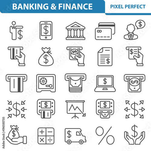 Banking and Finance Icons. Professional, pixel perfect icons depicting various finance, money and currency concepts. EPS 8 format.