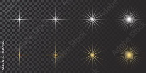 Vector glowing lights effect, flare, explosian and stars. Special Set effect isolated on transparent background.White. Gold. Yellow. photo