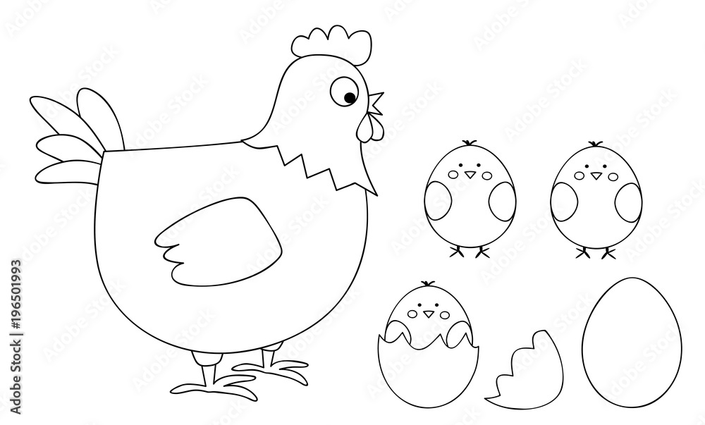 coloring page for children - vectors illustration with a hen and cute chicks, egg and egg shells