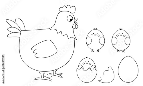 Obraz na płótnie coloring page for children - vectors illustration with a hen and cute chicks, egg and egg shells w salonie