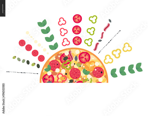 Italian restaurant set - pizza composition with ingredients arranged in rows