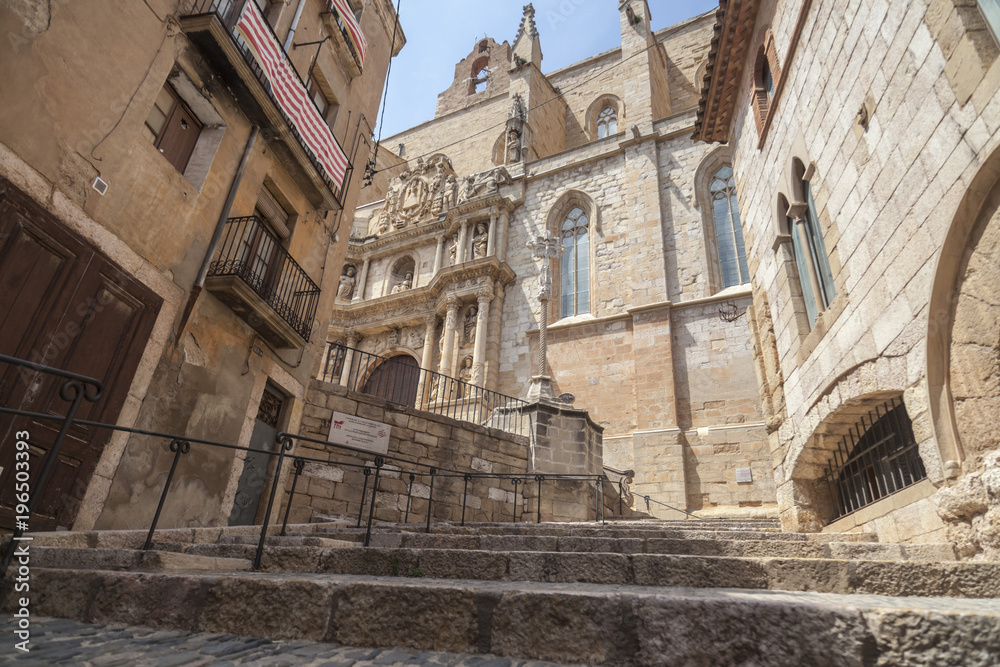Street view,historic buildings and churchl in historic center of medieval village of Montblanc, province Tarragona, Catalonia.Spain.