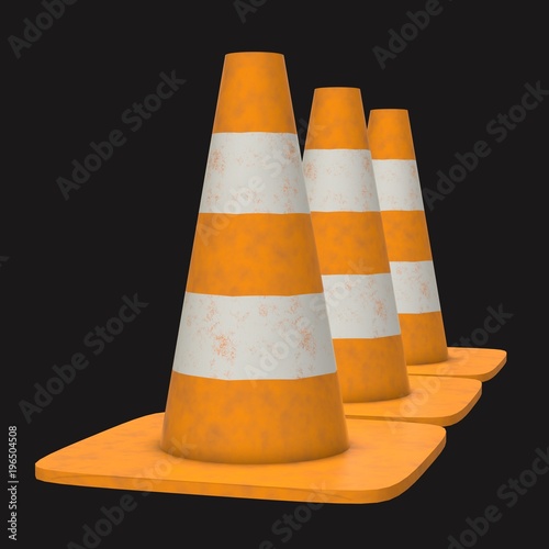 Traffic cone. Orange road sign with white stripes 3d render on black background. Under construction concept. photo