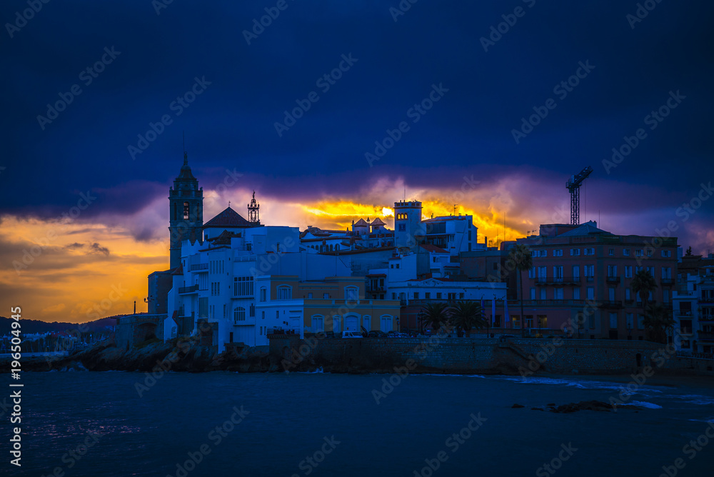 Amazing sunset in Sitges town. Catalonia, Spain