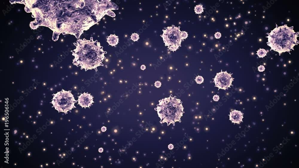 Viruses under microscope.Human immune system virus moving across screen. Bacteria virus or germs microorganism cells under microscope. 3d render microbe. Seamless loop.