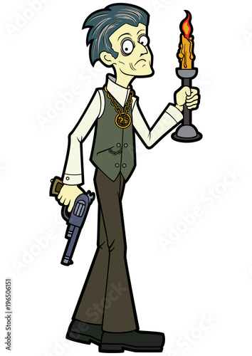 Dark secrets researcher/ Illustration an occult investigator with a candle and a revolver, frightened and cautious, his hair turned white from fear  