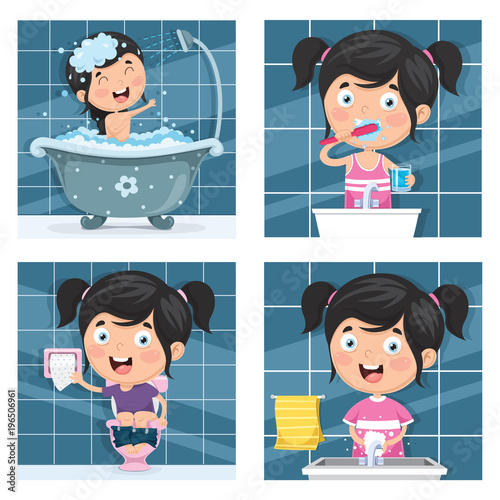 Vector Illustration Of Kid Bathing, Brushing Teeth, Washing Hands After Toilet