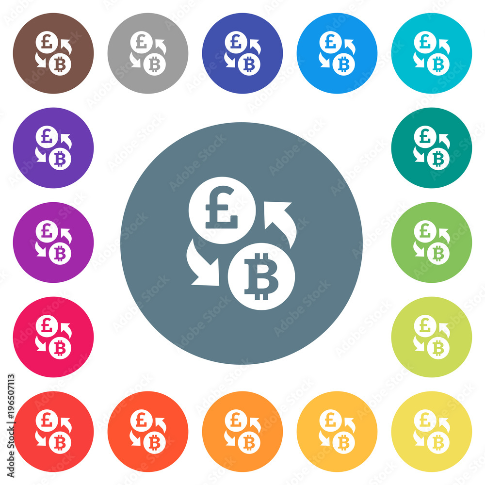 Pound Bitcoin money exchange flat white icons on round color backgrounds Pound Bitcoin money exchange flat white icons on round color backgrounds