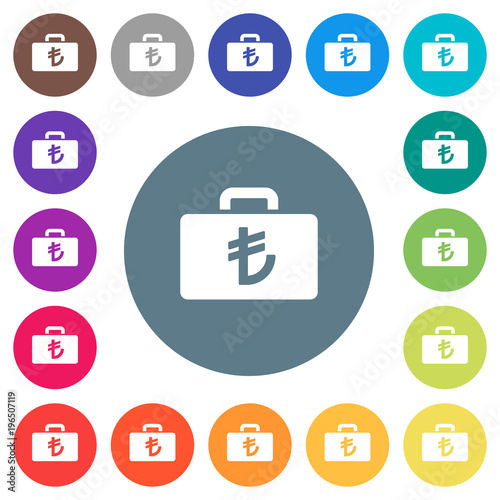 Turkish Lira bag flat white icons on round color backgrounds