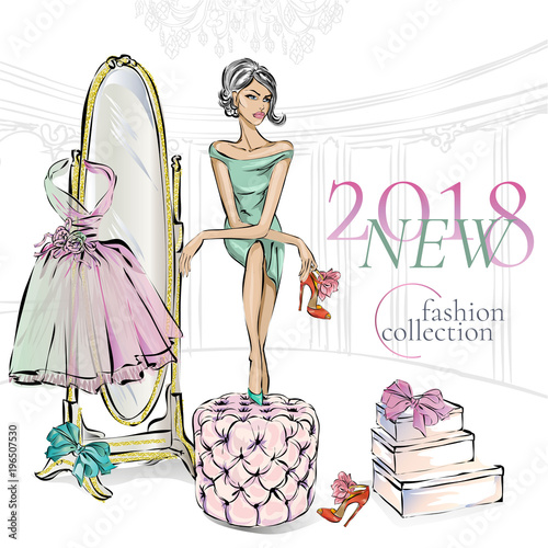 Glamour fashion girl with beauty high heel shoes in boutique or closet. Shoes shopping, luxury fashion woman, glitter mirror vector illustration clipart art