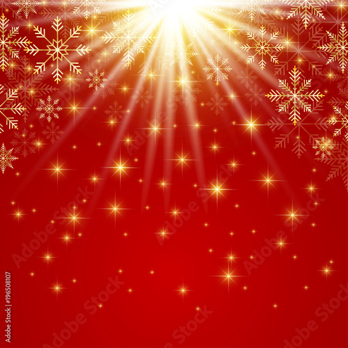 Happy New Year illustration. Red background with golden snowflakes