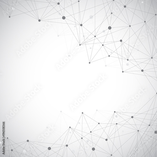 Grey graphic illustration with connected line and dots. Molecule and communication background for your design and your text