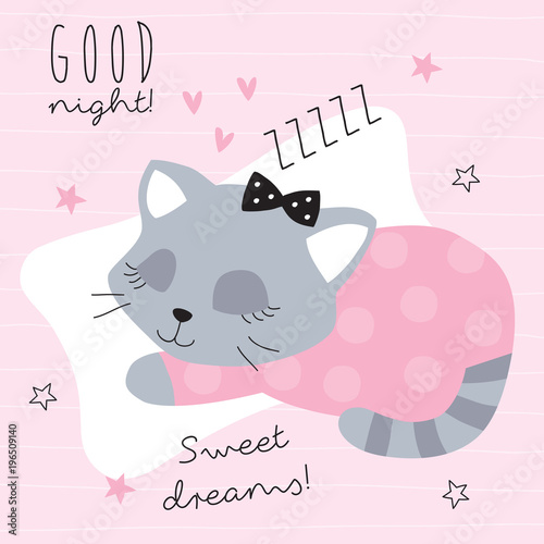 good night sleeping cat vector illustration