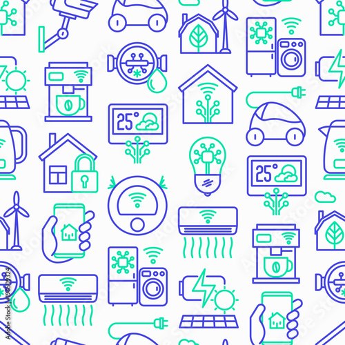 Eco smart house seamless pattern with thin line icons: solar battery, security, light settings, appliances, artificial intelligence, mobile app control. Energy saving vector illustration.