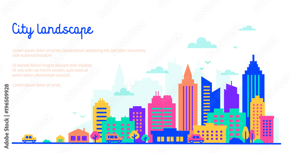 City landscape template with copy space. Flat style Silhouettes of buildings in neon glow vivid colors. Downtown skyscrapers. Panorama architecture Goverment buildings