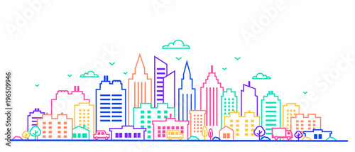 City landscape. Thin line City landscape in neon glow vivid colors.. Downtown landscape with high skyscrapers. Panorama architecture Goverment buildings Isolated outline illustration. Urban life