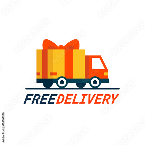 Free delivery concept. Delivery truck with gift box, parcel. Delivery service. Shipping by car or truck. Flat style design truck icon.