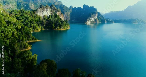 Aerial drone view of beautiful mountains and lake in Khao Sok National Park, Surat Thani, Thailand