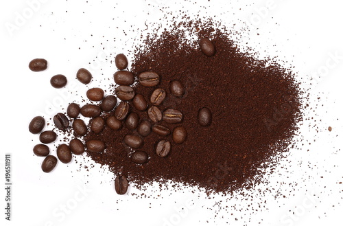 Pile of powdered, instant coffee grains and beans isolated on white background, top view © dule964