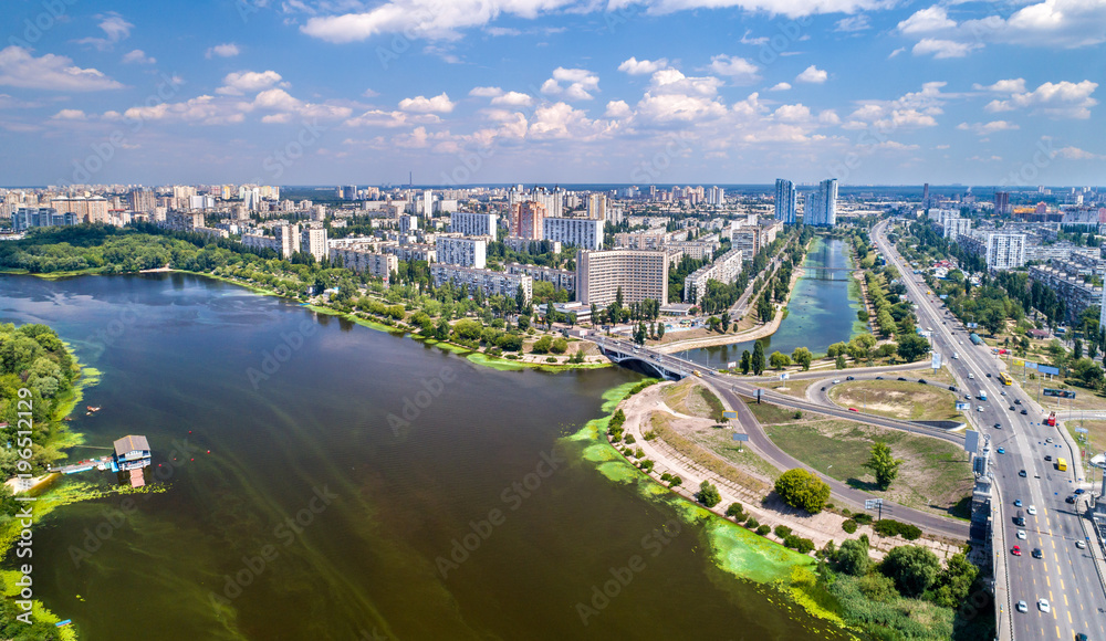 Aerial view of Rusanivka district of Kyiv, Ukraine