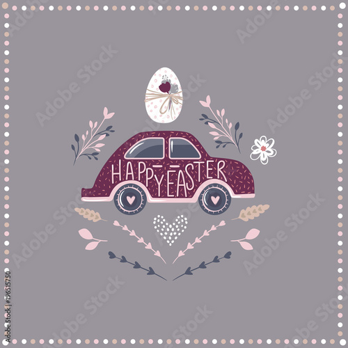 Vector Easter car with egg. Greeting card. Spring illustration