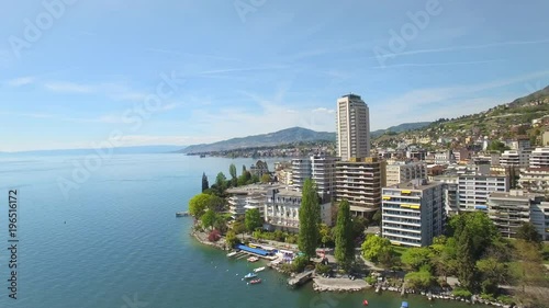 4K Montreux hotels and casino aerial shot. Discovering the luxurious Swiss Riviera