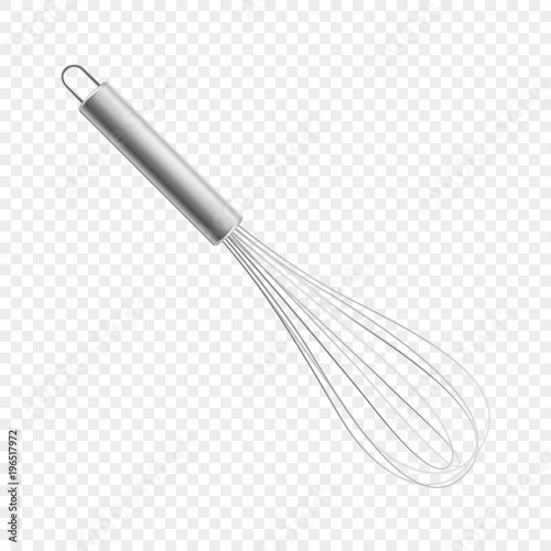Vector realistic 3D metal wire steel whisk icon closeup isolated on transparency grid background. Cooking utensil, egg beater. Design template for graphics, mockup photo