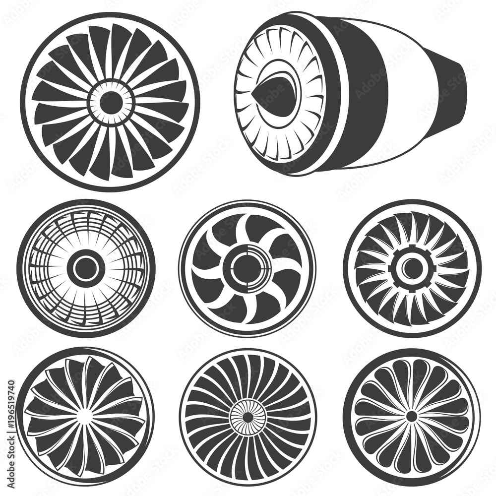 jet engine, turbine and engine blade icons