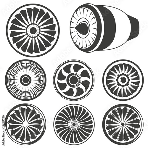 jet engine, turbine and engine blade icons photo