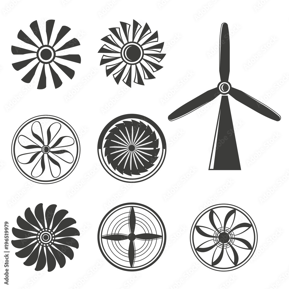 wind turbine, jet engine, engine blade icons
