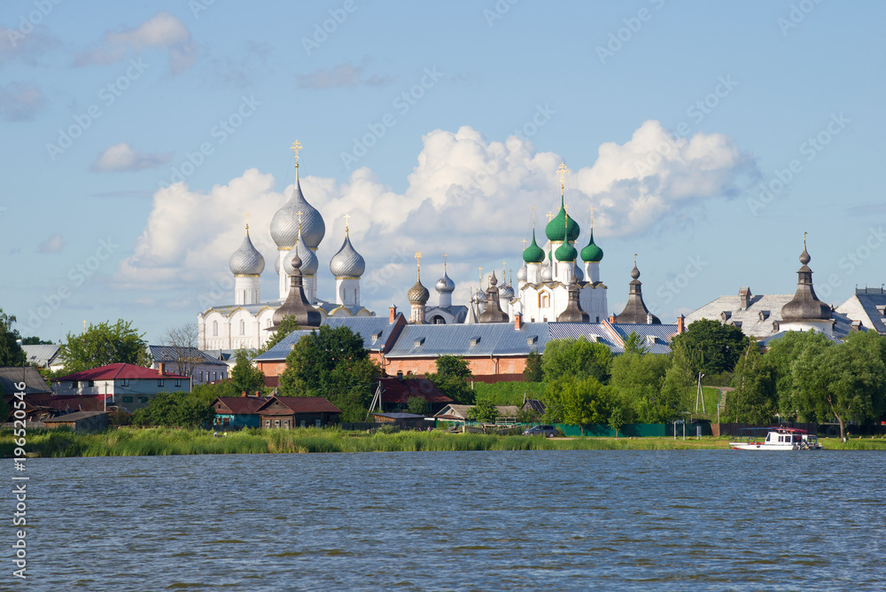 Orthodox domes of ancient temples over Rostov the Great. Golden ring of Russia