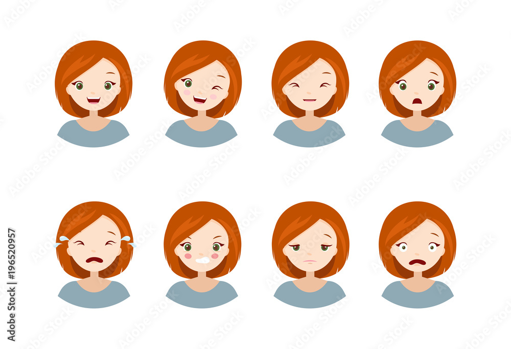 Woman's emotions - collection of a different emotions, happy, sad, angry, scared, crying, tired, cheerful, wink. Vector illustrations with cute cartoon girl Woman's emotions - collection of a different emotions, happy, sad, angry, scared, crying, tired, cheerful, wink. Vector illustrations with cute cartoon girl