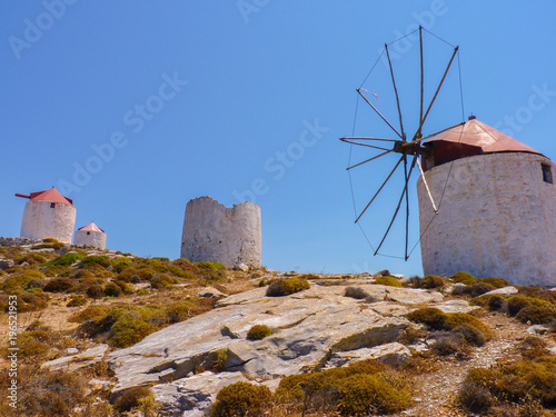 Old Traditional Windmills in Chora the Capital of Amorgos Island, Cyclades, Greece