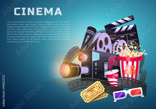 Movie elements set. Vintage cinema, entertainment and recreation with popcorn. Retro poster background. Clapperboard and camera, Filmmaking and video cassette, chair, film stock for Hollywood studio.
