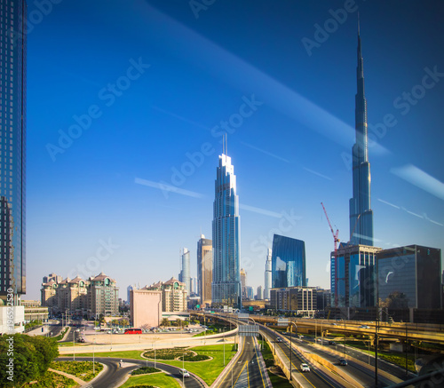 Dubai downtown view through window