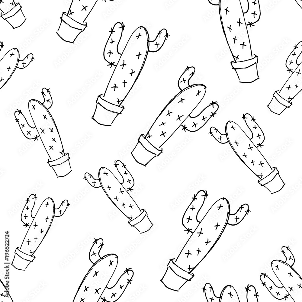vector seamless pattern of cactus sketch drawn by black marker on white ...