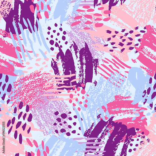 Vector colorful seamless pattern with brush strokes and dots. Pink blue violet color on light background. Hand painted grange texture. Ink geometric elements. Fashion modern style. Unusual