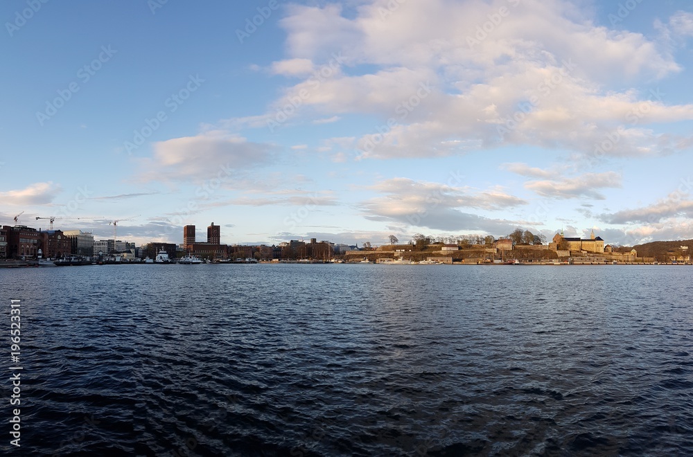 Oslo city landscape seen from Aker Brygge marina