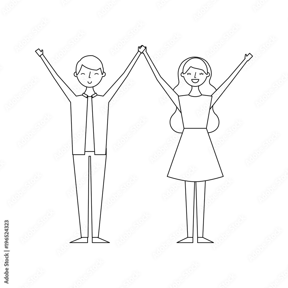 couple of young raised arms people characters vector illustration thin line couple of young raised arms people characters vector illustration thin line