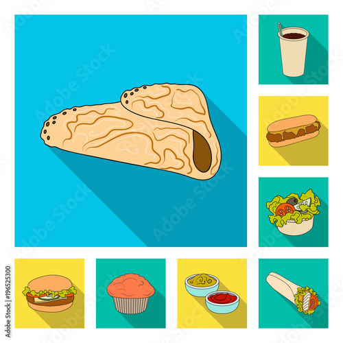 Fast food flat icons in set collection for design.Food from semi-finished products vector symbol stock web illustration.