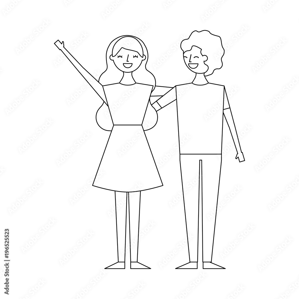 couple of young people characters vector illustration thin line couple of young people characters vector illustration thin line